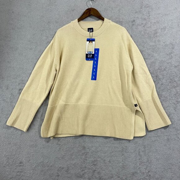 NEW Gap Womens L Beige Cotton Long-Sleeve Sweater With Ribbed Hem & Side slit - Picture 1 of 7